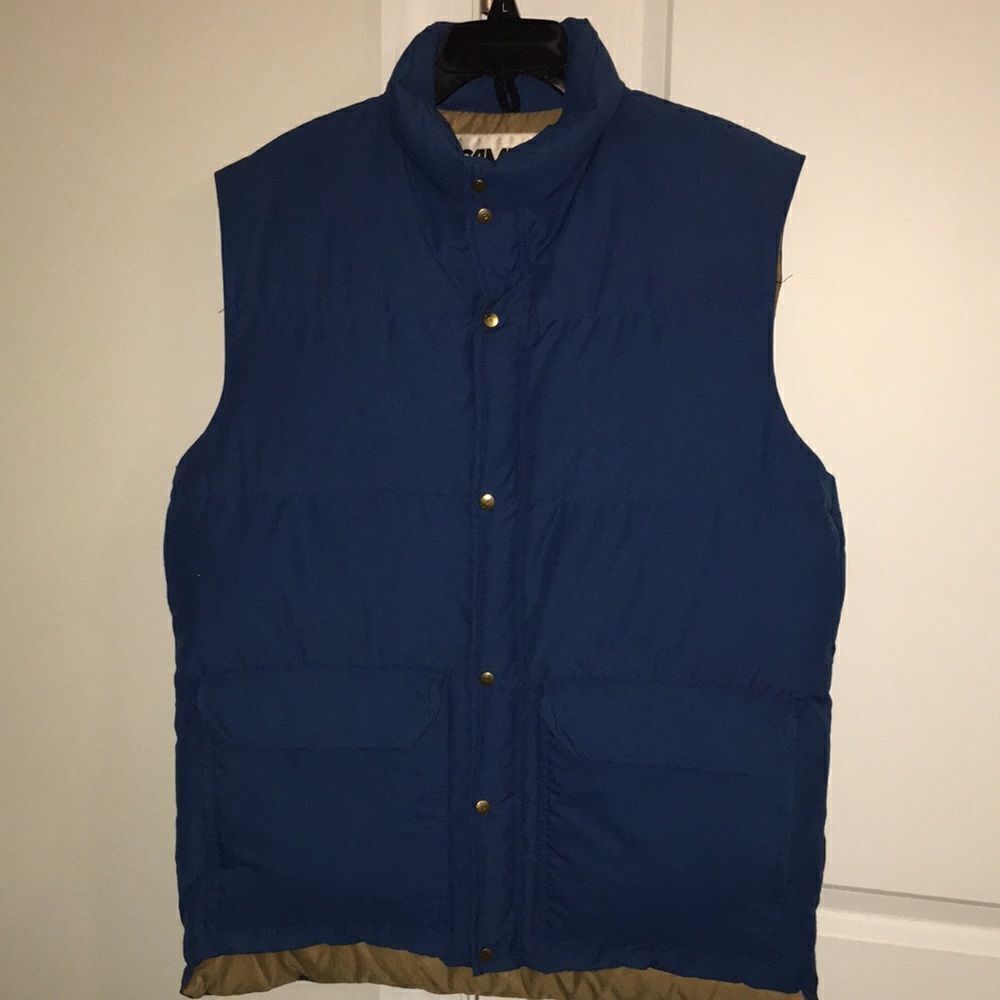 Vintage Blue USA Down Camp 7 snap front travel winter vest jacket retro XL (L)
